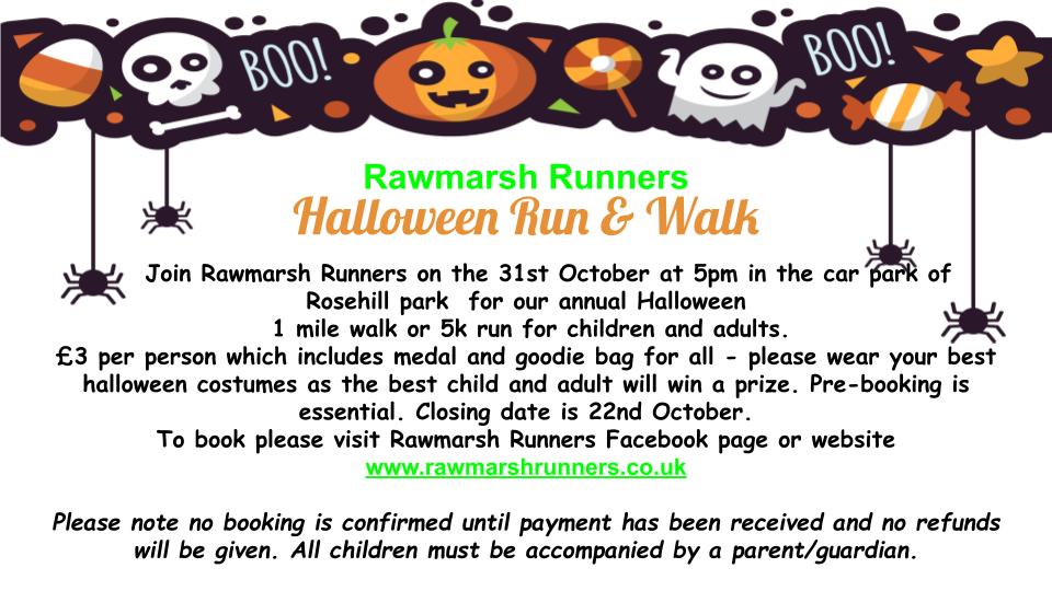 On Sunday 31 October join Rawmarsh Runners at 5pm in Rosehill park car park for their annual Halloween 1 mile walk or 5k run for children and adults! Wear the best Halloween fancy dress for the chance to win a prize. Only £3 per person. 🎃 Find out more - bit.ly/3Cmxa3Q