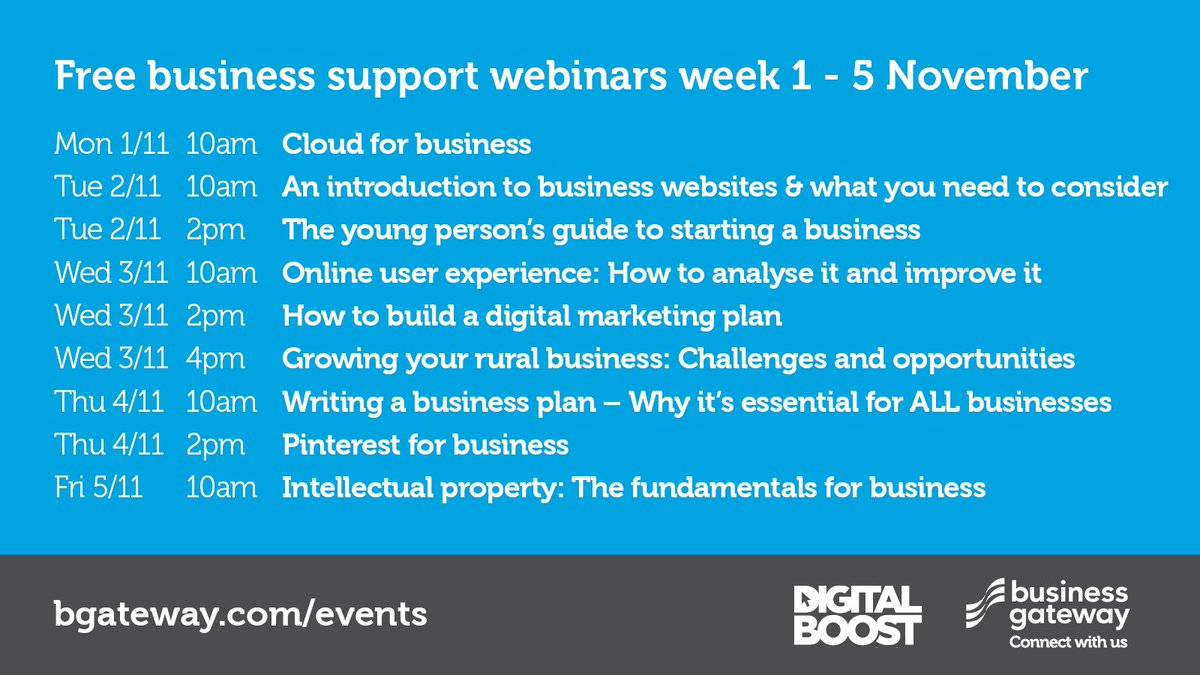 Have you checked out our upcoming #business support #webinars? 💻 We have a great selection for you to choose from. Find the national programme below for week 1 - 5 November & book your free space here ➡️ ow.ly/lKKr50Go1sh #SupportScottishBusiness #DigitalBoost