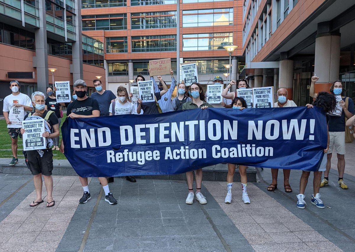 Rally in Sydney tonight calling for evacuation and freedom for the Park hotel refugees, where 21 out of 46 in detention now have COVID. This is a direct result of the government's contempt for their lives, both in appalling infection control and keeping them in detention.