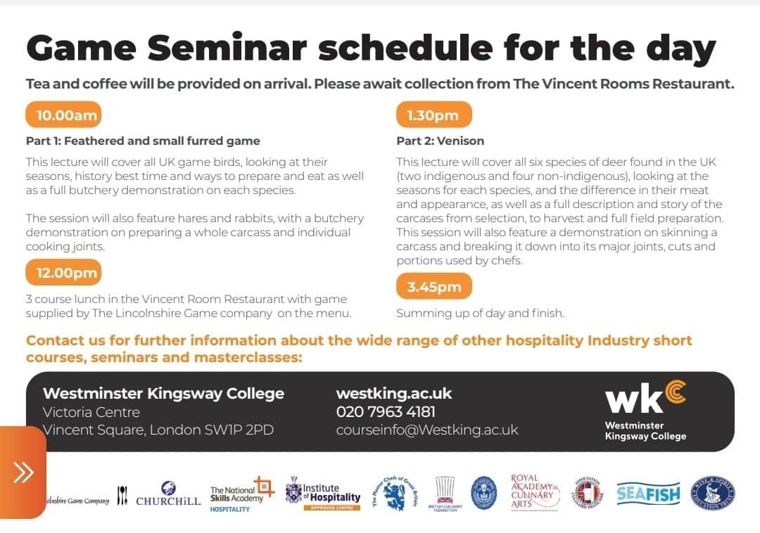 wildfoodboy's tweet photo. Hi all still have some places left on Nov Game Seminar. 11th Nov please find enclosed all info, a QR code to book &amp; a link the day includes lunch in our Brasserie restaurant.
https://t.co/9p2no2juAp 
 #gamecookery #gameforthetable #gameprepatation #gametoeat #tasteofgame #chefs https://t.co/ST3mrJGLZq