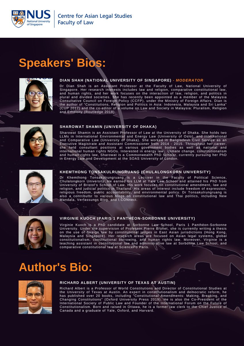 CALS_NUS's tweet image. Join us for Virtual Roundtable #17 “Constitutional Amendments”!
Date/Time: 11 Nov 2021, 11AM (SGT)

Register: bit.ly/VR17Registrati…
Get the Book: bit.ly/3b52vvN

#virtualroundtables #asianlaw #constitutionalamendments #calsnus #asianlegalstudies