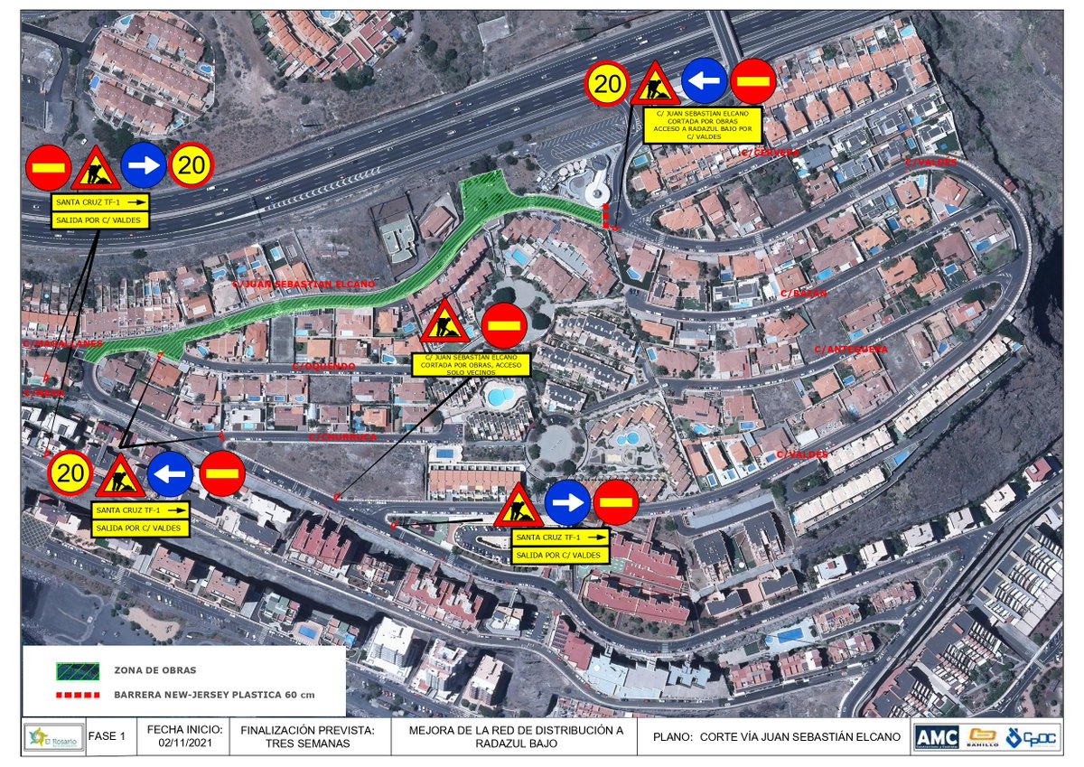 aytoelrosario's tweet photo. 📢 #BandoMunicipal: Debido a la obra de mejora de la red de agua de #RadazulBajo, que da comienzo este martes, 2 de noviembre, quedará cortada al tráfico parte de C/ JS Elcano. También afectará a @titsa que modificará trayectos. Consulta las afecciones en https://t.co/HDX3pNzQCG https://t.co/Ga78LwDOSZ