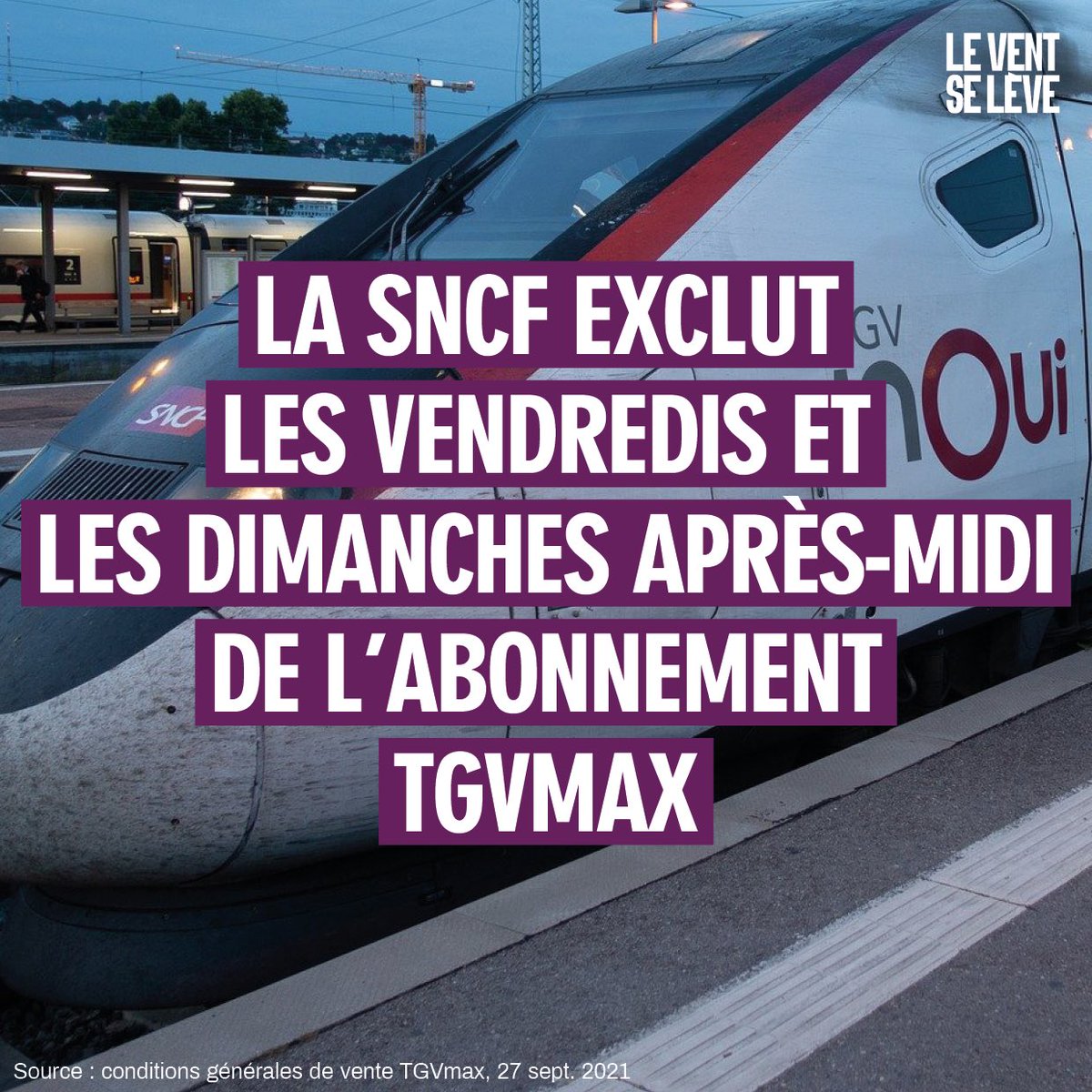 lvslmedia's tweet photo. 🚊 D'après les nouvelles conditions générales de vente de l'abonnement #TGVmax, en vigueur depuis le 27 septembre 2021, les après-midis et les soirées du vendredi et du dimanche sont considérées comme des périodes de forte affluence, et donc exclues de l'abonnement. https://t.co/vDgEU1qsCK