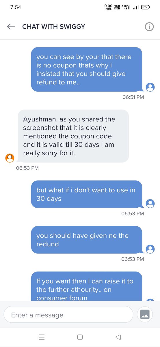 agnihotri_AYU's tweet photo. @swiggy_in @SwiggyCares This very disappointing.. 3 people couldn't solve my problem regarding order #113304648343 . This is mental harrasment. You policies are disgusting. Have a look at this chat.. @harshamjty 
Hope you wouldn't be able to help like 3 others.. Wasted my 1 hour https://t.co/uC0lbvNMGI