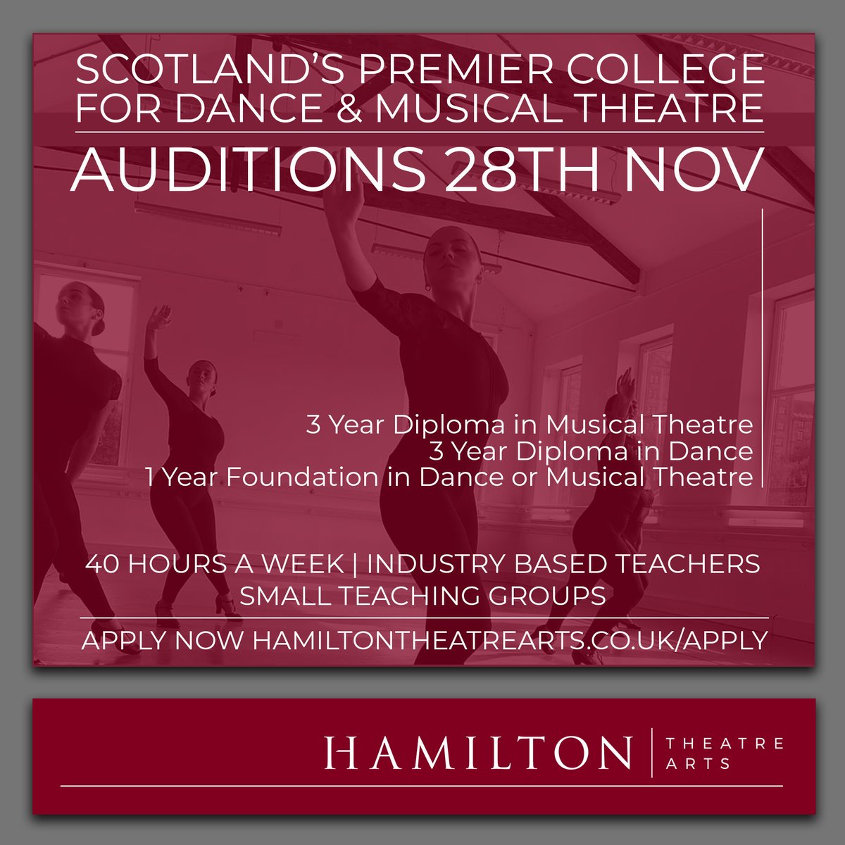 HtaCollege's tweet photo. AUDITIONS 28th NOV for 2022 ENTRY!!    

Choose from Dance or Musical Theatre 3 Year Diploma, or 1 Year Foundation Course in Dance or Musical Theatre.

40 hrs tuition per week | Industry teachers | Small teaching groups

APPLY NOW https://t.co/cgdXsqlVKk https://t.co/uojEpmACJj