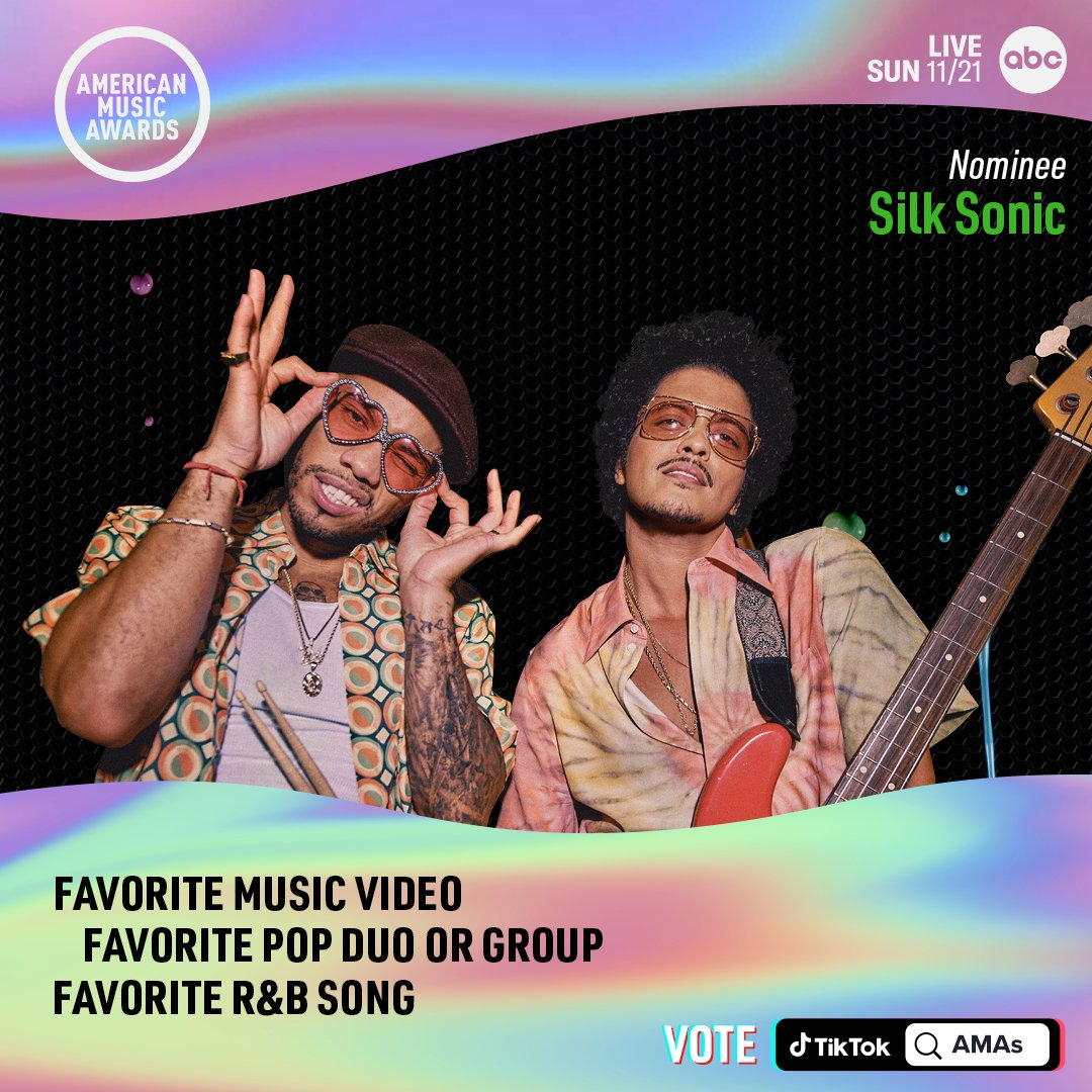 silksonic's tweet photo. We're excited to be nominated for the 2021 @AMAs ! Vote now by searching “AMAs” on @tiktok_us . Don’t miss the #AMAs, November 21 at 8/7c on ABC @BrunoMars  @AndersonPaak https://t.co/fO994S1xkq