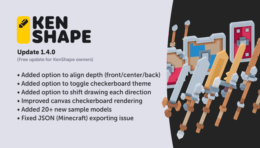 KenneyNL's tweet photo. KenShape 1.4.0 is now available. This free update adds depth alignment, a dark canvas theme option, 20+ new sample models and shifting drawings! https://t.co/eUsOdYGW1t (also on Epic Games Store) #gamedev #kenshape https://t.co/NChZMBCWYw