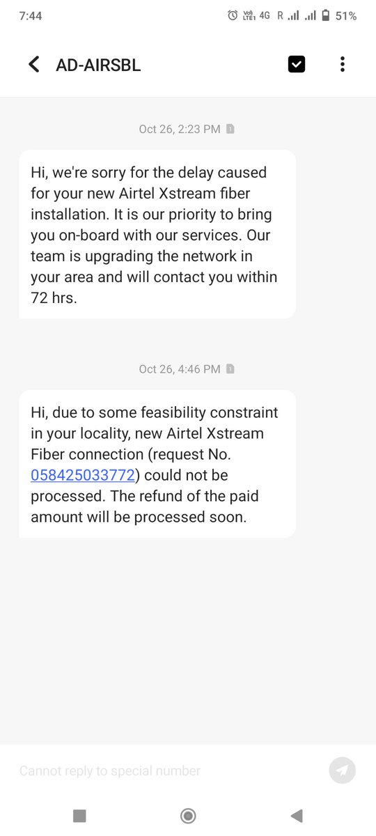 linktoamit's tweet photo. @Airtel_Presence @Airtel_Presence Airtel Xstream fiber team is not able to enable service in my area, so they have been cancelled my application, kindly do refund my amount on urgent basis. #airtelxstreamfiber @airtelindia https://t.co/3Su8PH6FY2