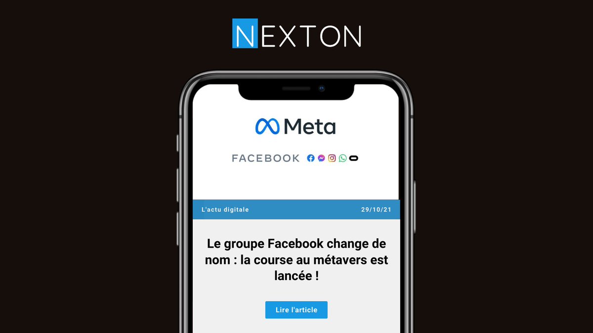 NextonGroup's tweet photo. [L’actu digitale by NEXTON] 

Le groupe #Facebook change de nom : la course au #métavers est lancée !

Notre Communauté Innovation et Nouveaux Usages vous en dit plus sur le blog  👉 https://t.co/1WaCC6PmUj

#Meta #innovation #TeamNEXTON https://t.co/9zDvAP8GFm
