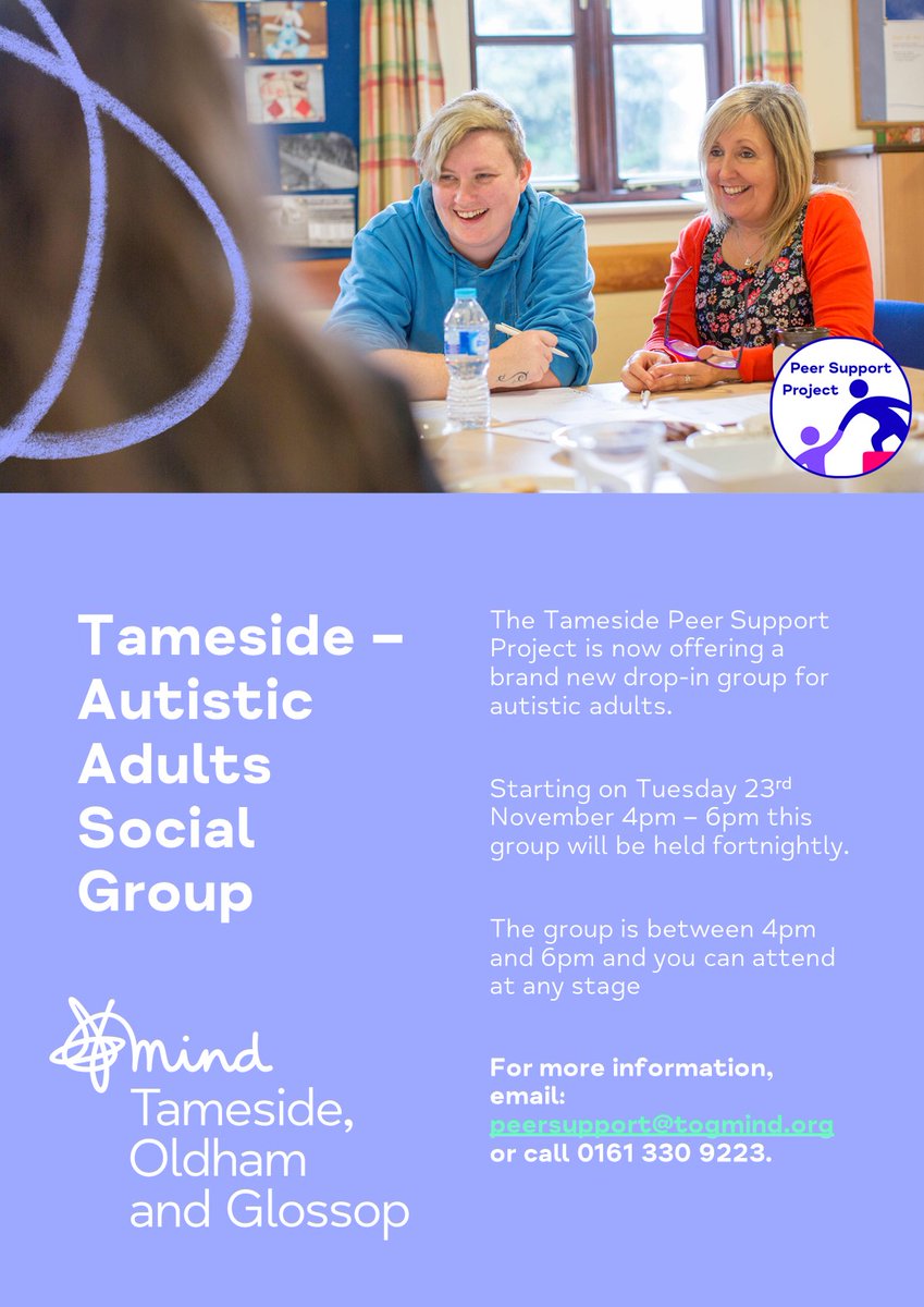 Autistic Adults social group; drop in group held at Mind-wellbeing Centre, 216 -218 Katherine Street Ashton @TOGMind #Autism #autistic