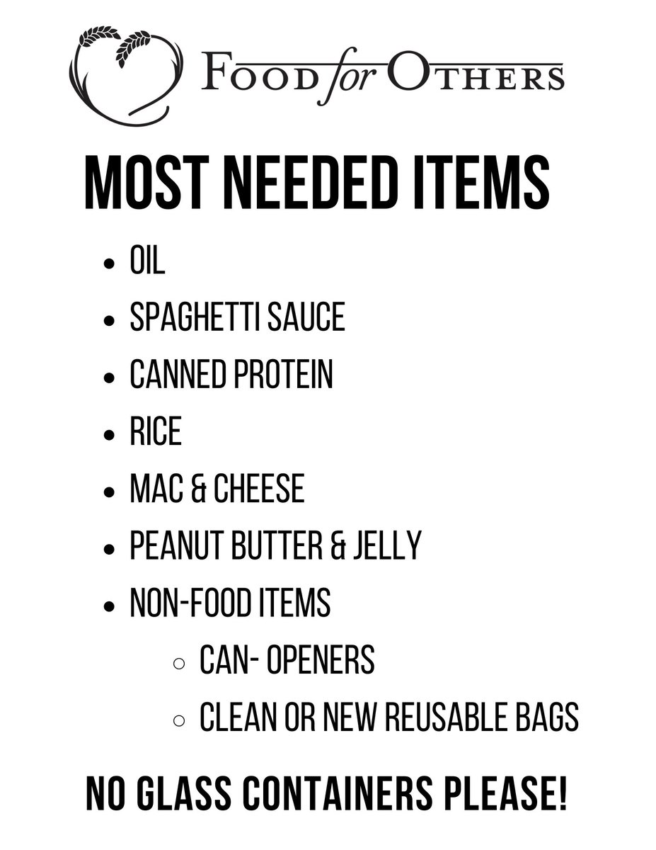 If you're hoping to donate this holiday season, and not sure what to bring, here's a short list of some of our most needed items! 

Please email hwilson@foodforothers.org if you have any questions