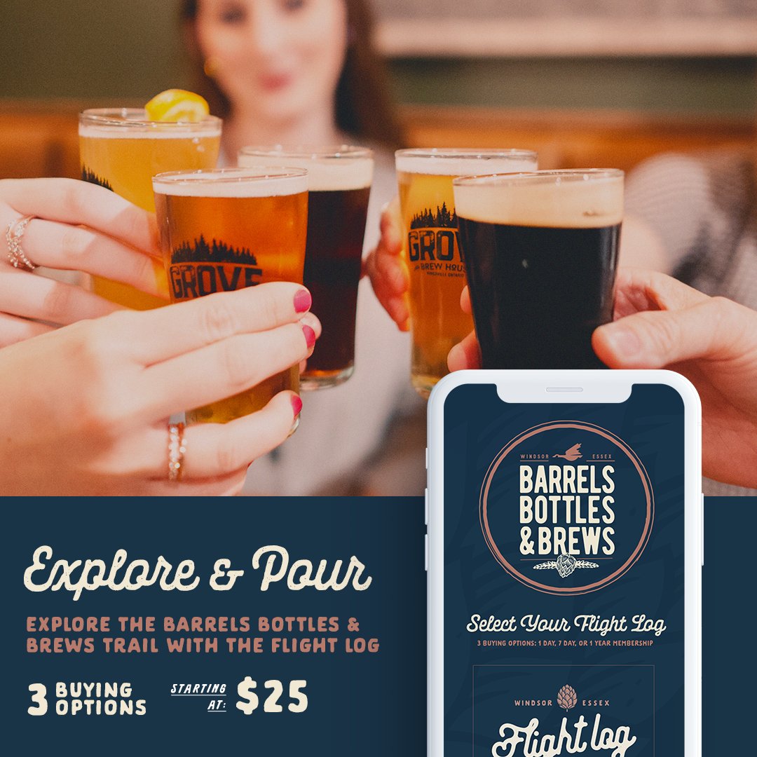 TWEPI's tweet photo. Explore & pour in Windsor Essex with the Flight Log - three options starting at $25 – a great way to land exclusive flight tastings at 12 breweries and 2 distilleries on our #BarrelTrail. Click https://t.co/bCFcgVe8po for details! https://t.co/TBtGomaG6E