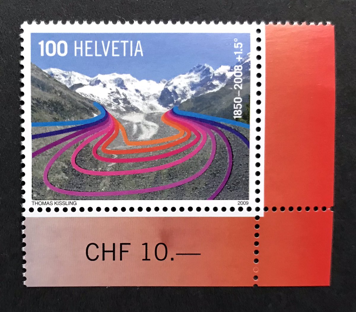 SwissPhilately's tweet photo. Climate Change! “Preserve the Polar Regions &amp;  Glaciers” was a joint issue by many nations from 2007-2011. The 3/5/2009 Swiss stamp depicts a retreating glacier powerfully visualizing the impact of increasing temperatures  (1.5 Degree Celsius over 158 years). https://t.co/nBM87Ax7py