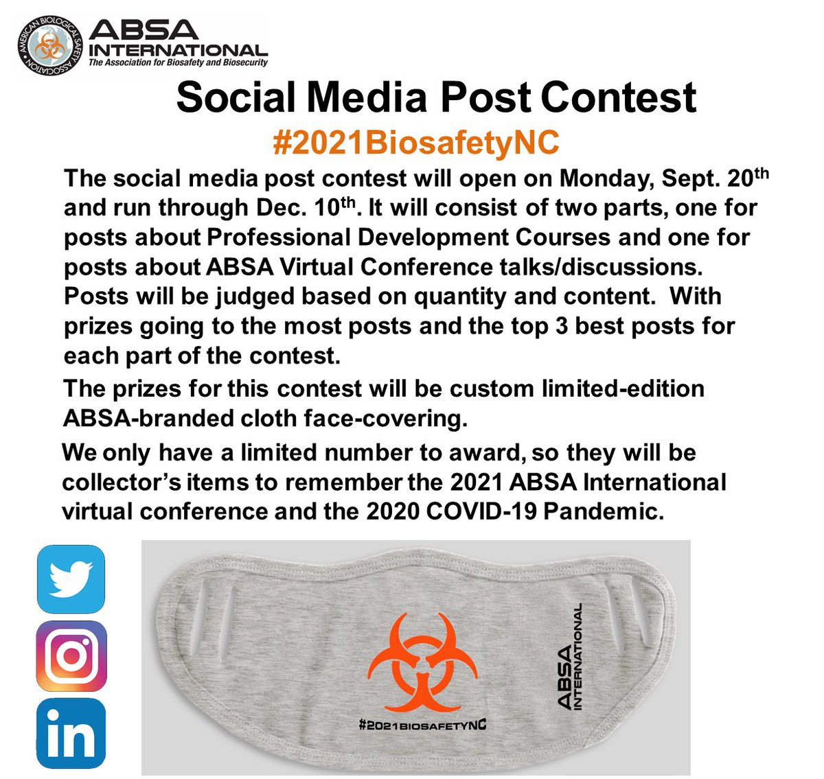 ABSAOffice's tweet photo. The 64th Annual Biosafety and Biosecurity Conference may be over 😢, but our Social Media Contest is still going until Dec. 10th 😃🎉🏆.  Share a favorite memory from the conference or highlight one of the talks and don't forget to use the conference hashtag #2021BiosafetyNC https://t.co/7i5K85G5iq