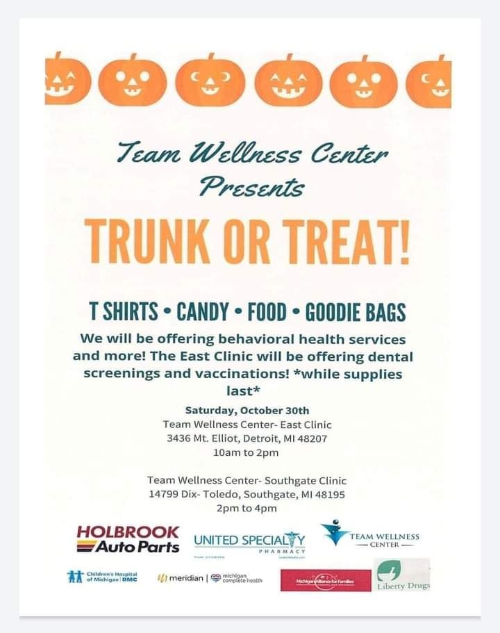 DetroitFamilies's tweet photo. @TeamWellnessCtr Presents Trunk or Treat! T-Shirts, Candy, Food, and more! #HappyHalloween #trunkortreat 
---
Also offering Behavioral Health Services, Dental Screenings, Vaccinations! 
--- 
At Detroit and Southgate Locations. https://t.co/T5MBgpTMfq