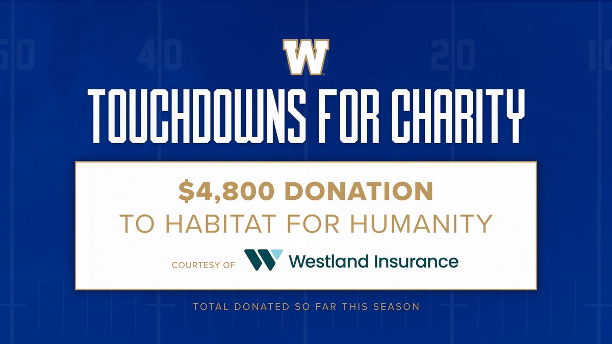 Wpg_BlueBombers's tweet photo. Westland Insurance (@WestlandIns) is donating $100 per touchdown to Habitat for Humanity this season for every touchdown the Blue Bombers score!  

Currently, $4,800 has been donated this season! #ForTheW https://t.co/9q1XO3sw9H
