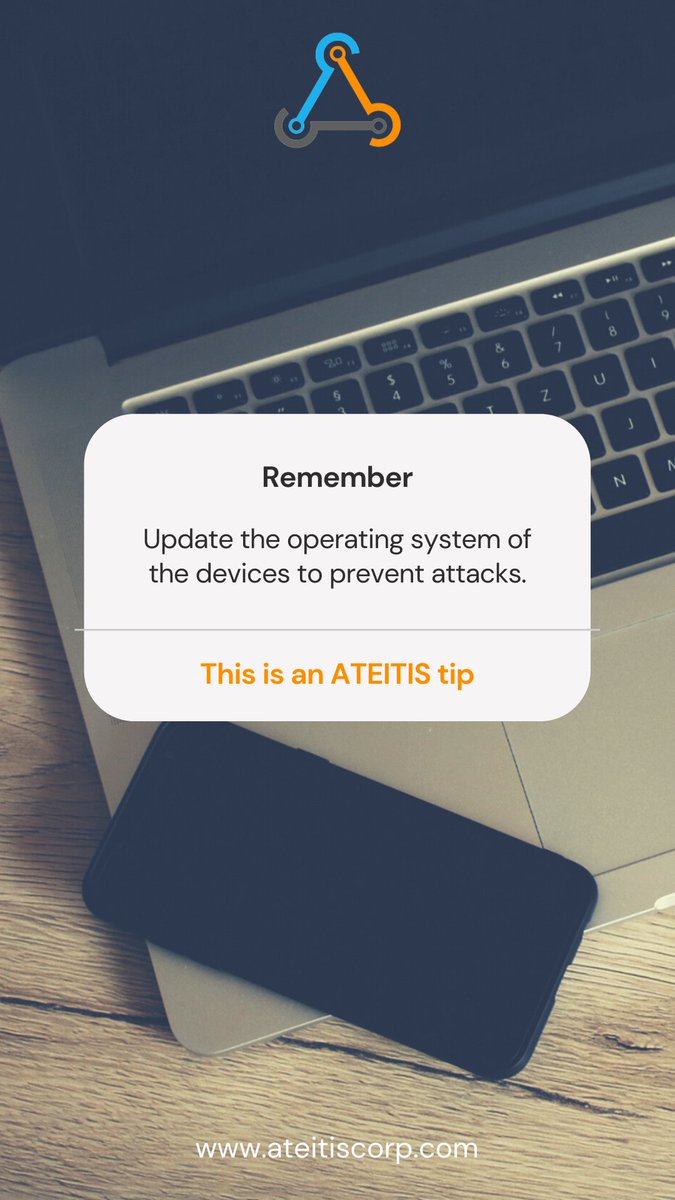 ateitis_corp's tweet photo. Hello everyone, happy Friday! 🥳

We leave you a #ateitip to avoid #cyberattacks and #vulnerabilities.

Do you usually update operating systems? Tell us about it! 👀

#info #informationsecurity #technology #cyberattack #cybersec #cybersecurity #infosec https://t.co/zH0dkxmFgI