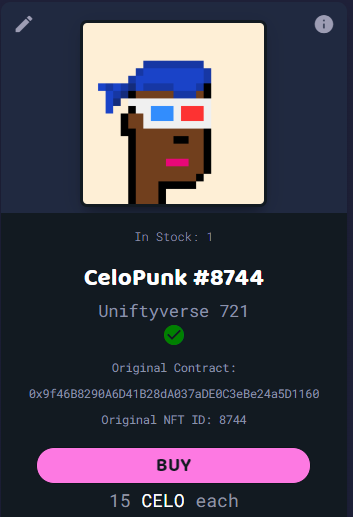 CeloPunks's tweet image. We are verified on @unifty_com ✅
You can now trade safely your #CeloPunks by always looking for the green checkmark ✅
Marketplace link in bio!
#NFT $Celo @CeloOrg @CeloDaily