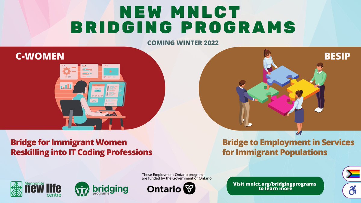 MNLCT's tweet photo. New Bridging Programs coming Winter 2022!
C-WOMEN | Bridge for Immigrant Women Reskilling into IT Coding Professions
BESIP | Bridge to Employment in Services for Immigrant Populations
Check more here: https://t.co/69mqTzy8zY
#MNLCT #BridgingPrograms #employment #training https://t.co/dSdvdE4eZv