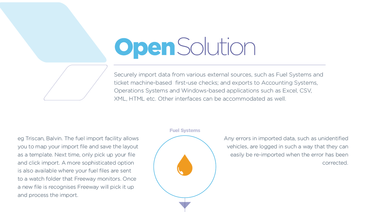FreewayFleet's tweet image. As an #opensolution, Freeway can securely import data from external sources (e.g. #fuelsystems) and export to #accounting systems, #operations systems and #Windows-based apps - read more below and get in touch to see how we can accommodate your interfaces freewayfleet.com/wp-content/upl…