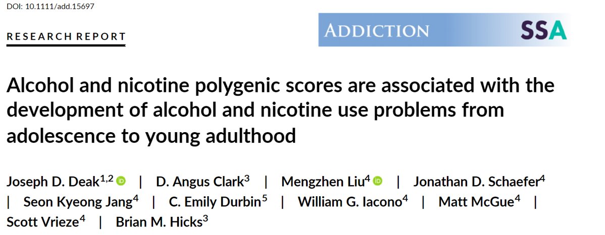 Joseph_Deak's tweet photo. A quick thread linking a series of 4 papers examining substance use polygenic scores (PGS) with developmental trajectories of (1) problematic substance use, (2) externalizing &amp; internalizing outcomes, (3) educational achievement, &amp; (4) comparing PGS with family history of SUDs. https://t.co/ufZQyI6Ioe