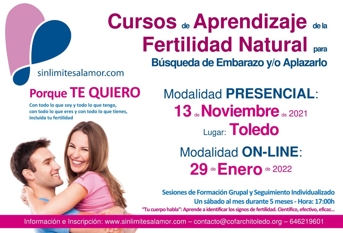 ♾️Cursos de Aprendizaje de la Fertilidad natural.
- Presencial en Toledo. Inicio: 13 Noviembre 2021
- Online por videoconferencia _grupal e individual. _Inicio: 29 enero_2022
ℹ️ Conoce lenguaje del cuerpo
ℹ️ Identifica los signos de #Fertilidad
ℹ️ Para buscar o aplazar embarazo