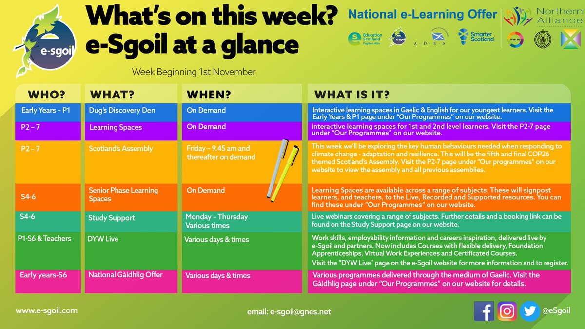 eSgoil's tweet photo. What's on at e-Sgoil in the week beginning 1st November?
You'll find our overview timetable plus individual timetables for Study Support and DYW Live below.
These timetables and further information can be found here:
https://t.co/ABK0rDybAA #NeLO https://t.co/fKuHjUQm2d