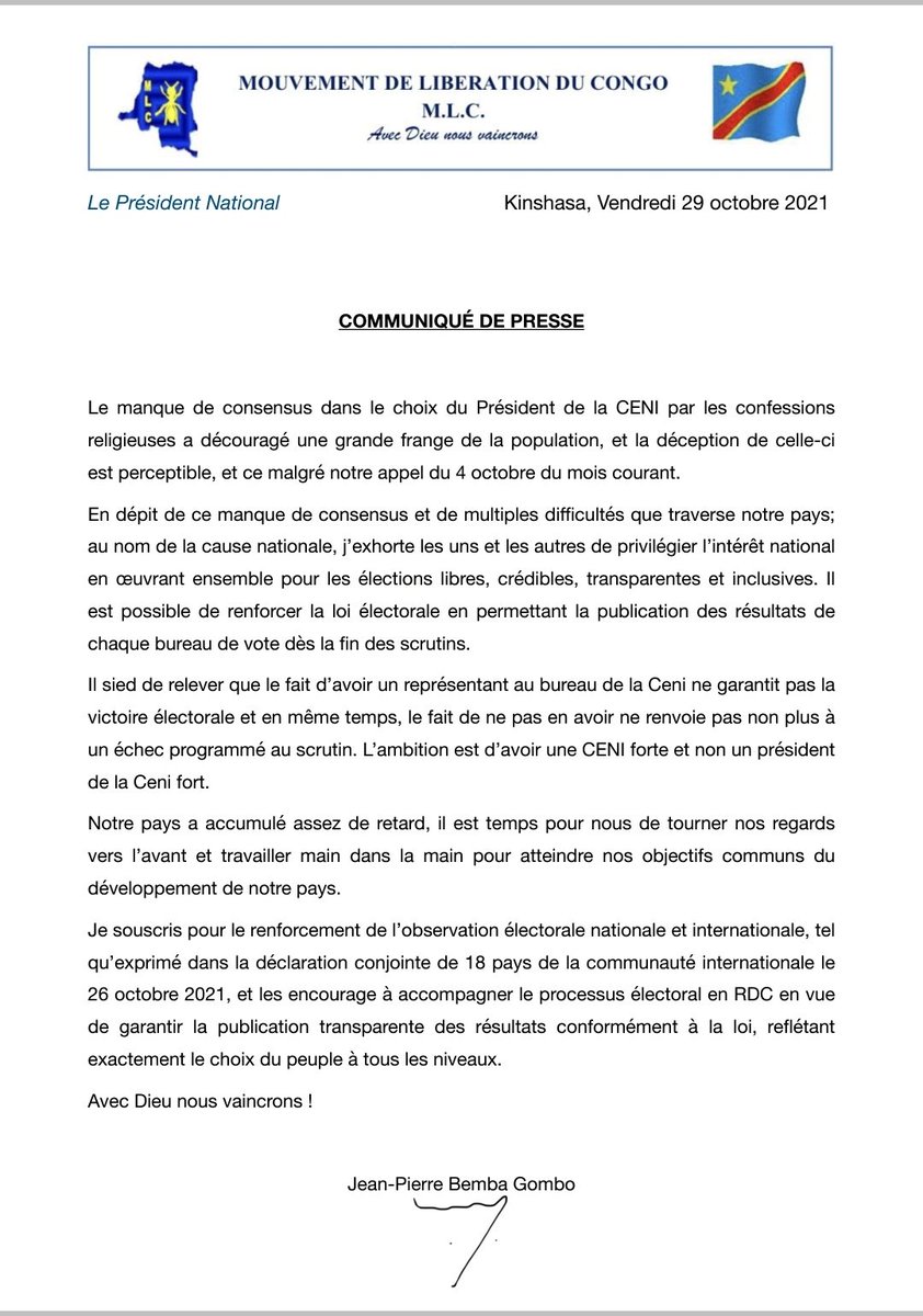 Chers compatriotes, privilégions l'intérêt général en œuvrant ensemble pour des élections irréprochables. Il est possible de  renforcer la loi électorale en permettant la publication des résultats de chaque bureau de vote dès la fin des scrutins.  Communiqué :