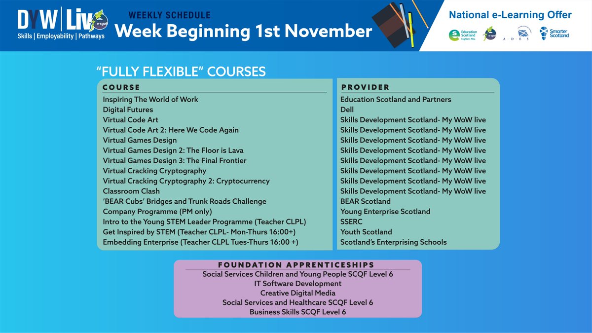 eSgoil's tweet photo. What's on at e-Sgoil in the week beginning 1st November?
You'll find our overview timetable plus individual timetables for Study Support and DYW Live below.
These timetables and further information can be found here:
https://t.co/ABK0rDybAA #NeLO https://t.co/fKuHjUQm2d