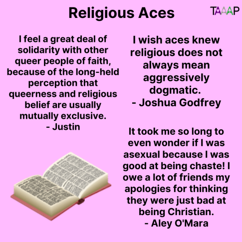 Text: Religious Aces

I feel a great deal of solidarity with other queer people of faith, because of the long-held perception that queerness and religious belief are usually mutually exclusive. - Justin

I wish aces knew religious does not always mean aggressively dogmatic. - Joshua Godfrey

It took me so long to even wonder if I was asexual because I was good at being chaste! I owe a lot of friends my apologies for thinking they were just bad at being Christian. - Aley O'Mara

Picture: A book open with text
