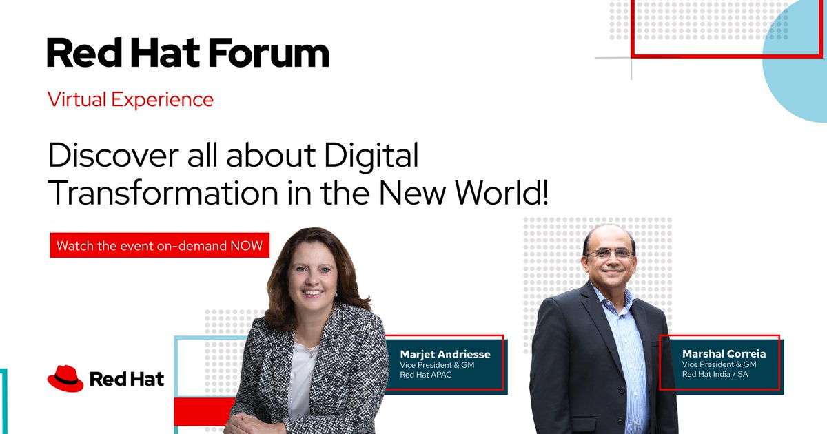 redhatindia's tweet photo. How is #digitaltransformation empowering businesses in novice tech markets? Watch this insightful discussion from #RedHatForum 2021, on-demand, here https://t.co/kYVuJ729LC https://t.co/a7MNSrCBvD