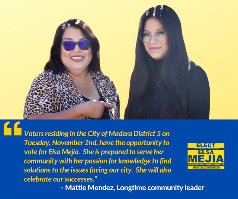 ElectElsaMejia's tweet photo. Mattie Mendez, a leader in advocating for a community where we can all thrive in, explains why she endorses Elsa for Madera City Council. 

#Mejia4Madera
#CommunityGrownCommunityDriven
#Mejia2021
#ElectElsa
#Vote4Elsa
#DelPuebloParaElPueblo
#SpecialElection https://t.co/2PiIBxAvGB