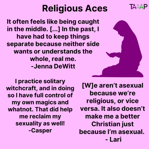 Text: Religious Aces

It often feels like being caught in the middle. [...] In the past, I have had to keep things separate because neither side wants or understands the whole, real me. - Jenna DeWitt

I practice solitary witchcraft, and in doing so I have full control of my own magics and whatnot. That did help me reclaim my sexuality as well! - Casper

[W]e aren’t asexual because we’re religious, or vice versa. It also doesn’t make me a better Christian just because I’m asexual. - Lari

Picture: A purple silhouette of someone kneeling in prayer or contemplation