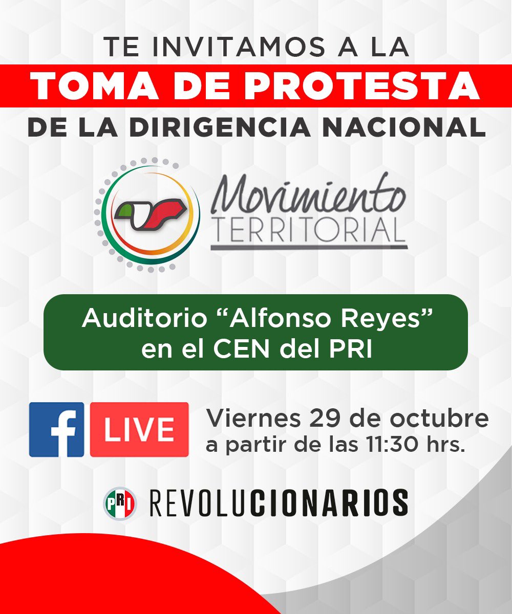 Te invitamos a seguir la toma de protesta de la dirigencia del <a href="/MT_Nacional/">Movimiento Territorial</a>, que se llevará a cabo este día, a partir de las 11:30.
Síguela por #FacebookLive.