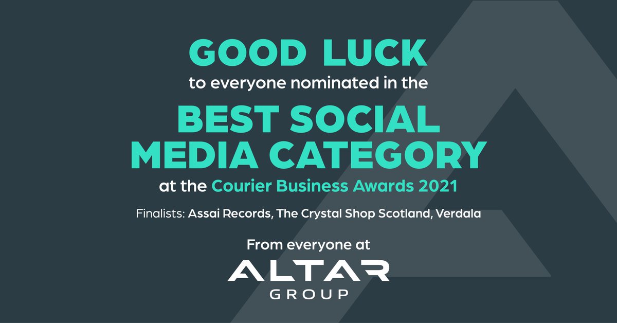 The @CourierBizAwards are nearly here! 

We are the proud sponsors of the Best Social Media award at this year’s ceremony. 

We would like to wish <a href="/Assai_UK/">Assai UK</a>, The Crystal Shop Scotland Limited and Verdala the best of luck for the awards tomorrow! #CBA21 #CourierBizAwards