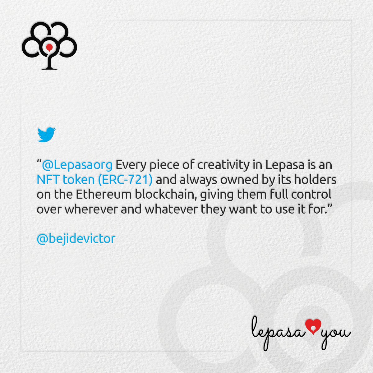 Lepasaorg's tweet photo. #Lepasa ❤️ You

"@Lepasaorg Every piece of creativity in Lepasa is an NFT token (ERC-721) and always owned by its holders on the Ethereum blockchain, giving them full control over wherever and whatever they want to use it for."

@bejidevictor 

#NotJustJPEGs #NextGenNFTs https://t.co/6pHd0MuSWz