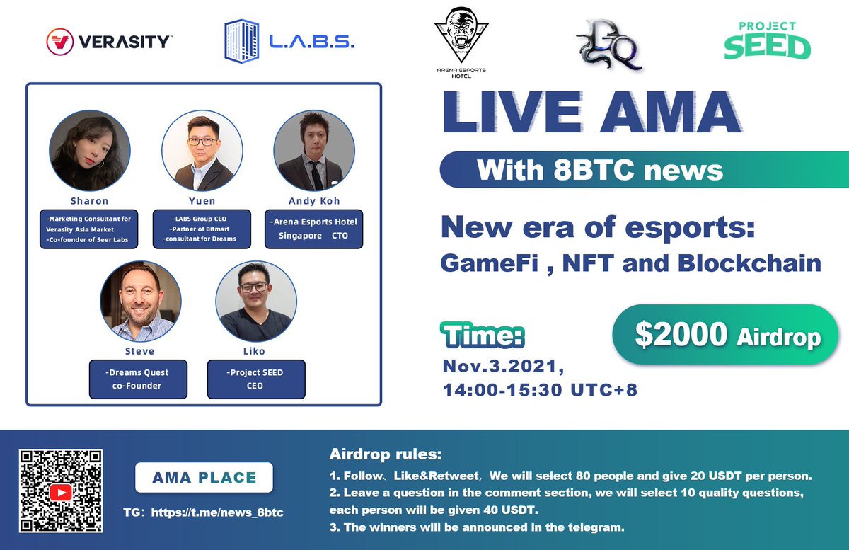 btcinchina's tweet photo. 🔥Live AMA with 8TC news Airdrop 2000USDT！
New era of esports: GameFi, NFT and Blockchain
1、Nov.3.2021, 14:00-15:30 UTC+8
2、Follow、Like&amp;Retweet
3、Leave a question
4、Join  https://t.co/d9VLQm1rG9
@labsgroupio @DreamsQuestNFT @seerlabs_crypto @ProjectSeedGame @arenaesportsho https://t.co/1FmAjw6b4o