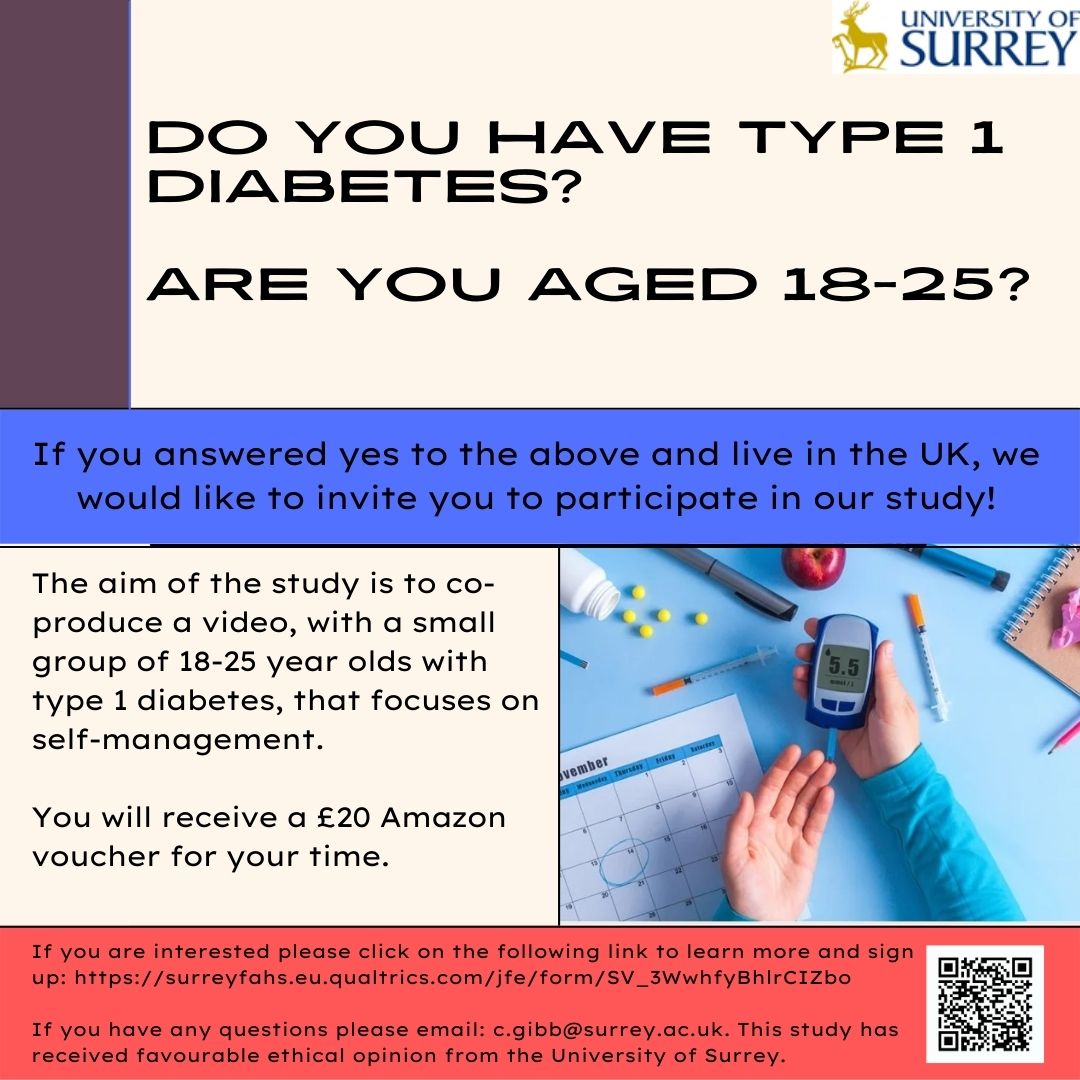 Research Opportunity🚨

Fancy a £20 voucher?

If you have #type1diabetes, are aged 18-25, and live in the UK, we would like to invite you to take part in this study. 

Click the link to learn more: surreyfahs.eu.qualtrics.com/jfe/form/SV_3W…

Please RT 
#diabetesresearch