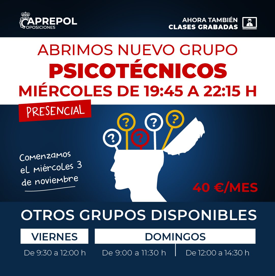 Aprepol's tweet photo. ✅ El miércoles 3 de noviembre COMENZAMOS NUEVO GRUPO DE PSICOTÉCNICOS.
➡️ Todos los miércoles de 19:45 a 22:15 h.
👨🏻🏫 Clases presenciales. Consulta todos los grupos disponibles.
#aprepol #aprepoloposiciones #psicotecnicos #oposicionesCNP #oposicionespolicianacional https://t.co/SfJfeoT4oN