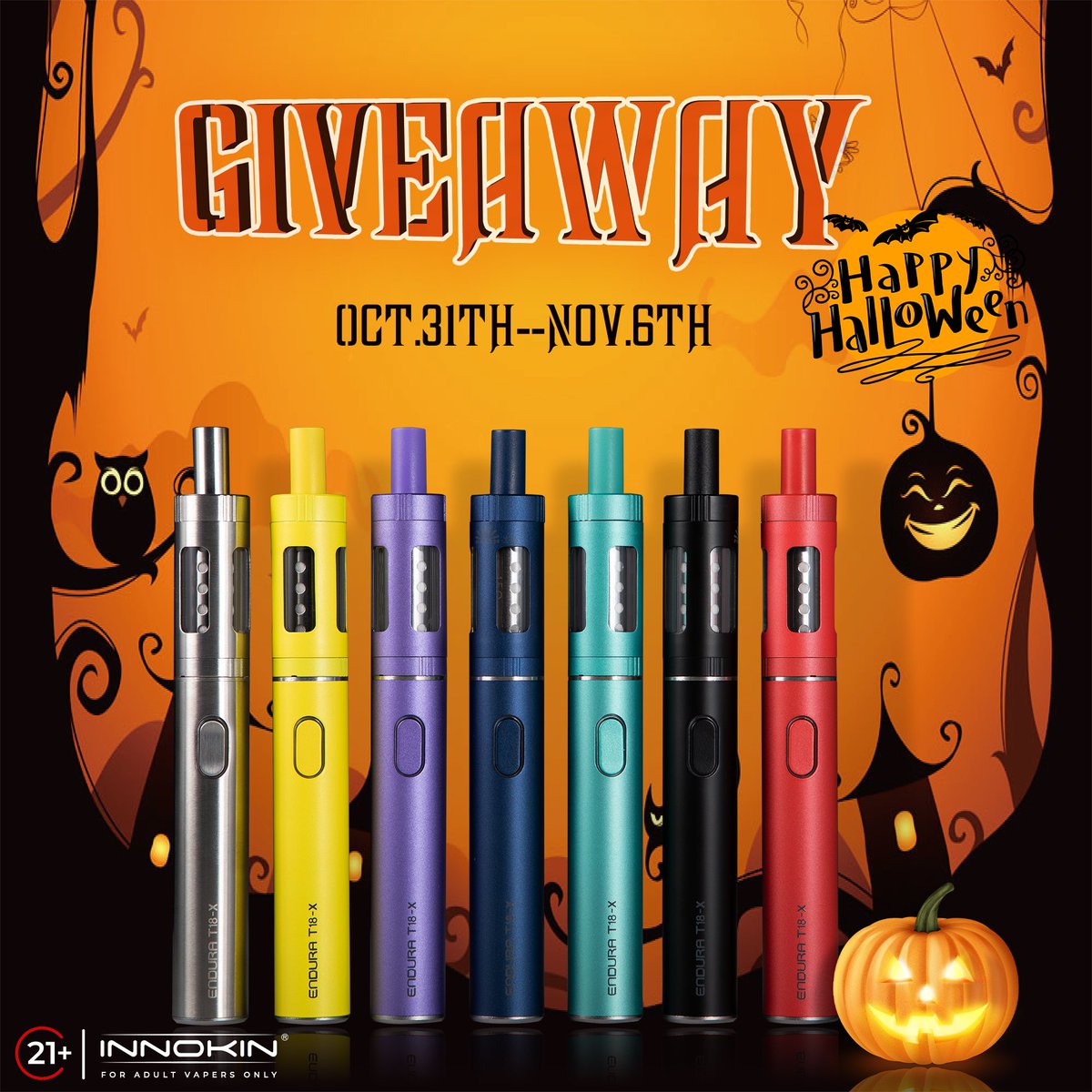 Halloween #EnduraT18X Giveaway Time!

To celebrate the new release and the upcoming Halloween, we're giving away five Endura T18X kits for you guys! Come seize the chance to win one yourself! 🦇 🕸

How to join:
 - Follow @InnokinTechnology &amp; <a href="/InnokinStore/">Innokin Store</a>
 - Repost &amp; like.