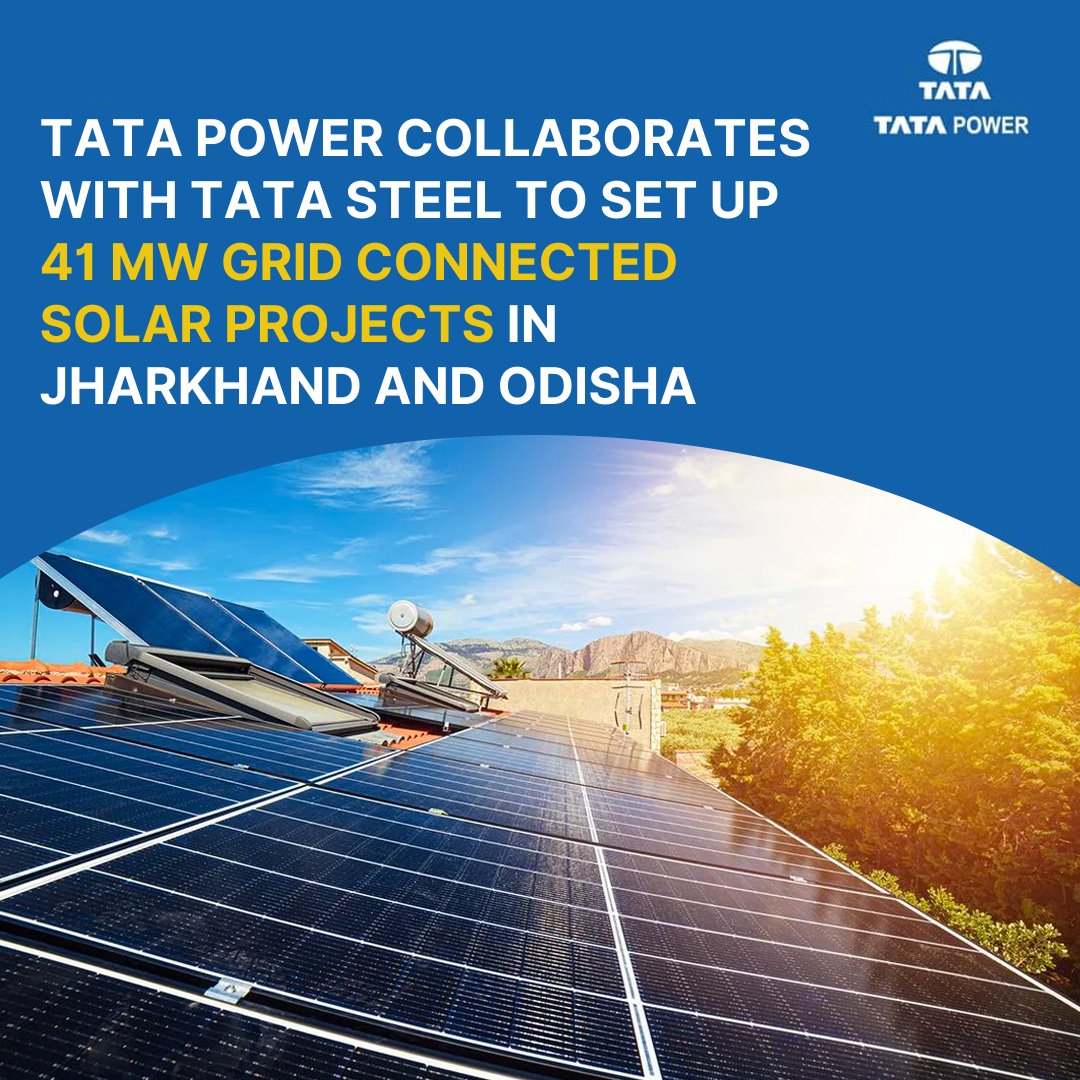TataPower's tweet photo. Tata Power and Tata Steel have signed a Power Purchase Agreement (PPA) for a duration of 25 years to set up 41 MW solar project, which will be a combination of rooftop, floating and ground mounted solar panels. https://t.co/GjymbbcTWg