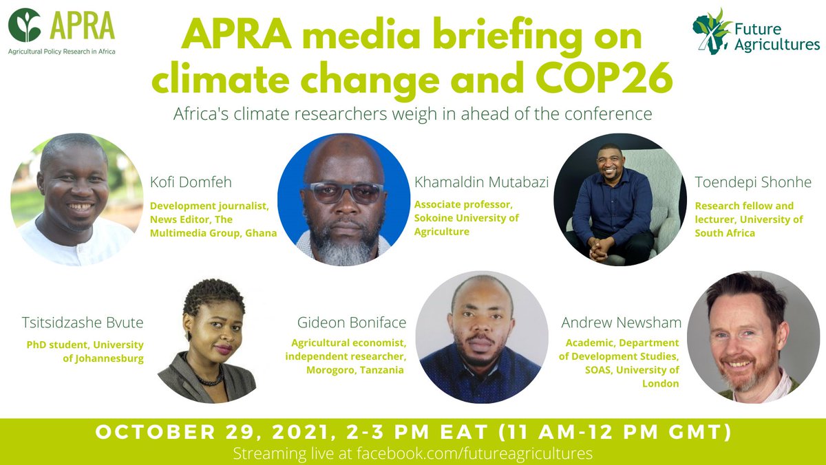FutureAgrics's tweet photo. Less than an hour to go until the #APRAclimate webinar! We'll be discussing #climate resilience in #Africa from Tanzania ➡️ Zimbabwe and looking to the continent's hopes for #COP26 🌍
Join us as we livestream on Facebook 👇 https://t.co/STlxkNKoIN