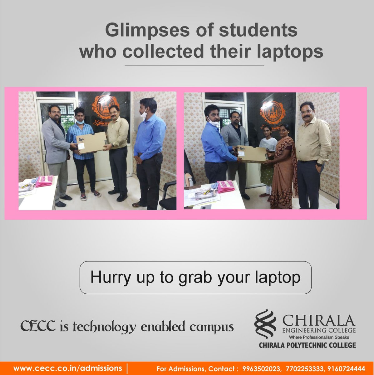 CEC_College's tweet photo. Glimpses of students who collected their Laptops from Chirala Engineering College

Come and get your #freelaptop and we help you to build your dreams! Join https://t.co/UW4UqADJZE now at #Chirala #EngineeringCollege

Admissions are open for the session 2021-22

 #AdmissionsOpen https://t.co/sm5iWluDl5