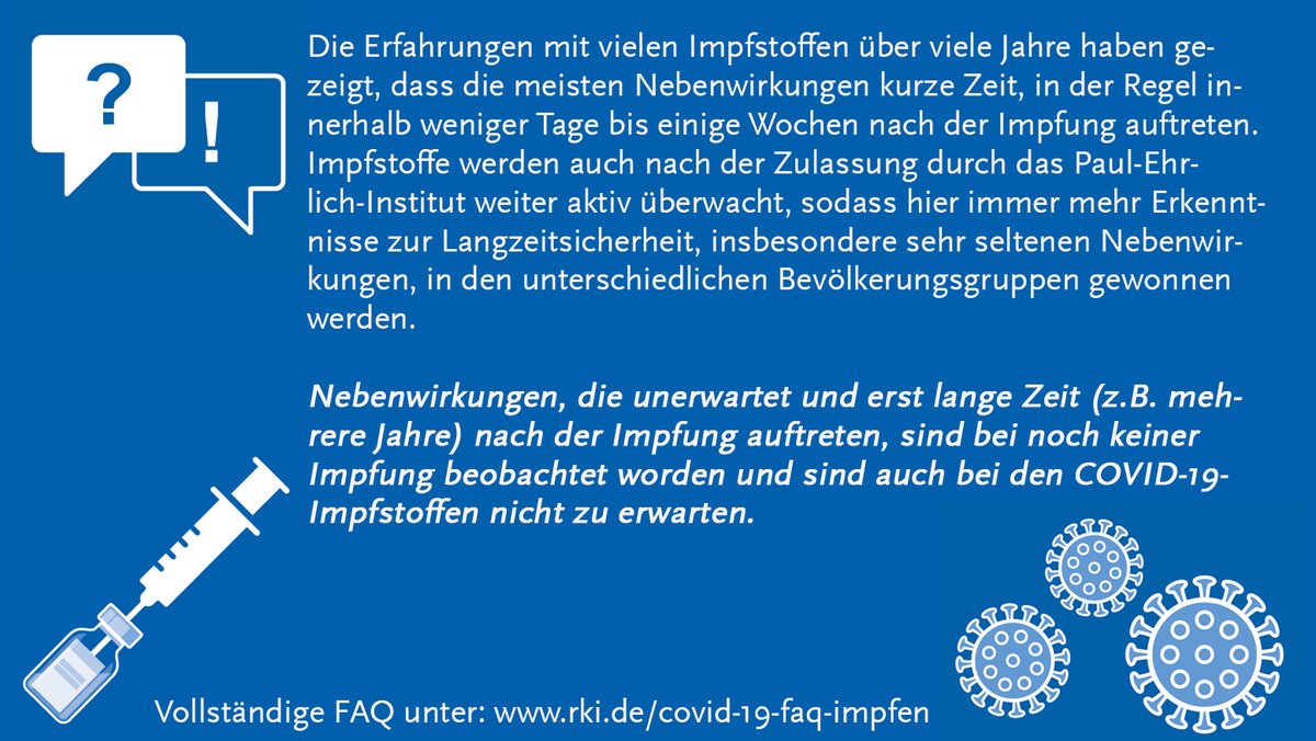 Robert Koch-Institut (@rki_de) on Twitter photo Nebenwirkungen, die unerwartet & erst lange nach der Impfung auftreten, sind bisher bei keiner Impfung beobachtet worden & sind auch bei den #COVID19-Impfstoffen nicht zu erwarten.
Siehe FAQ:
rki.de/SharedDocs/FAQ…
Weitere Informationen zur Sicherheit bei <a href="/PEI_Germany/">Paul-Ehrlich-Institut</a> #ÄrmelHoch Nebenwirkungen, die unerwartet & erst lange nach der Impfung auftreten, sind bisher bei keiner Impfung beobachtet worden & sind auch bei den #COVID19-Impfstoffen nicht zu erwarten.
Siehe FAQ:
rki.de/SharedDocs/FAQ…
Weitere Informationen zur Sicherheit bei <a href="/PEI_Germany/">Paul-Ehrlich-Institut</a> #ÄrmelHoch