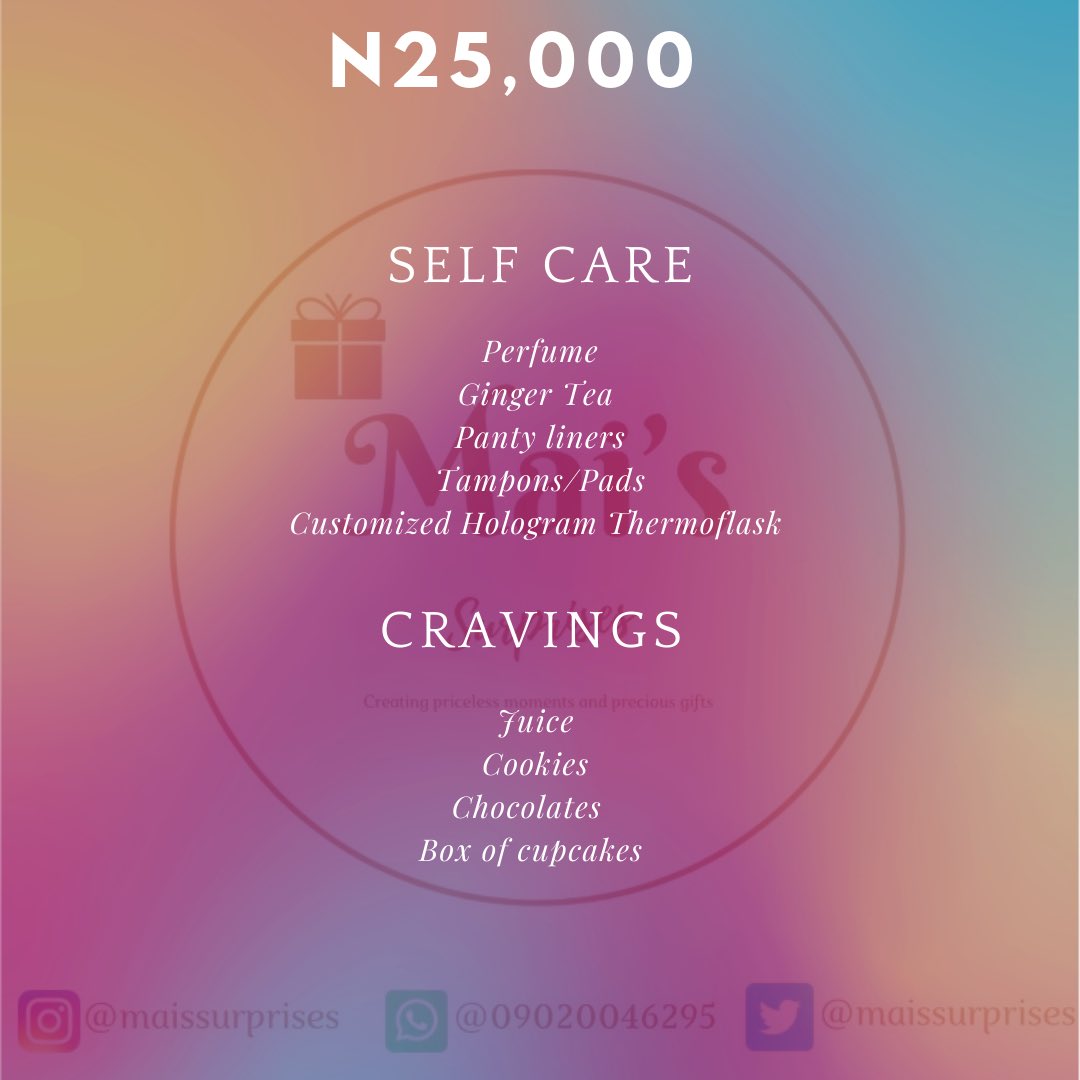 Mai’s Period packages are here! 

Want to take care/treat yourself on your period? 
Want to take care/treat a special lady on her period? 

Our packages are the best for you 
Send us a DM to place an order. 

Please RETWEET, my clients are on your tl 🙏🏾
Thank you ❤️

#periodcare