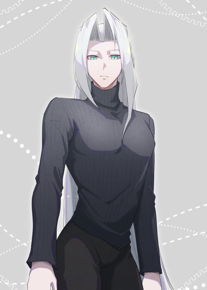 sephiroth long hair male focus 1boy solo pants grey hair black pants  illustration images