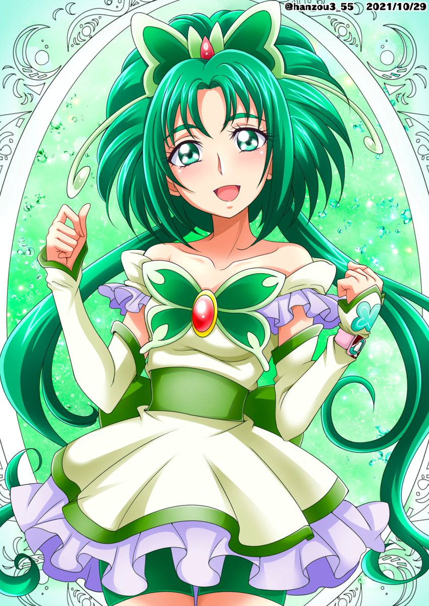 1girl solo long hair green eyes green hair smile butterfly brooch  illustration images