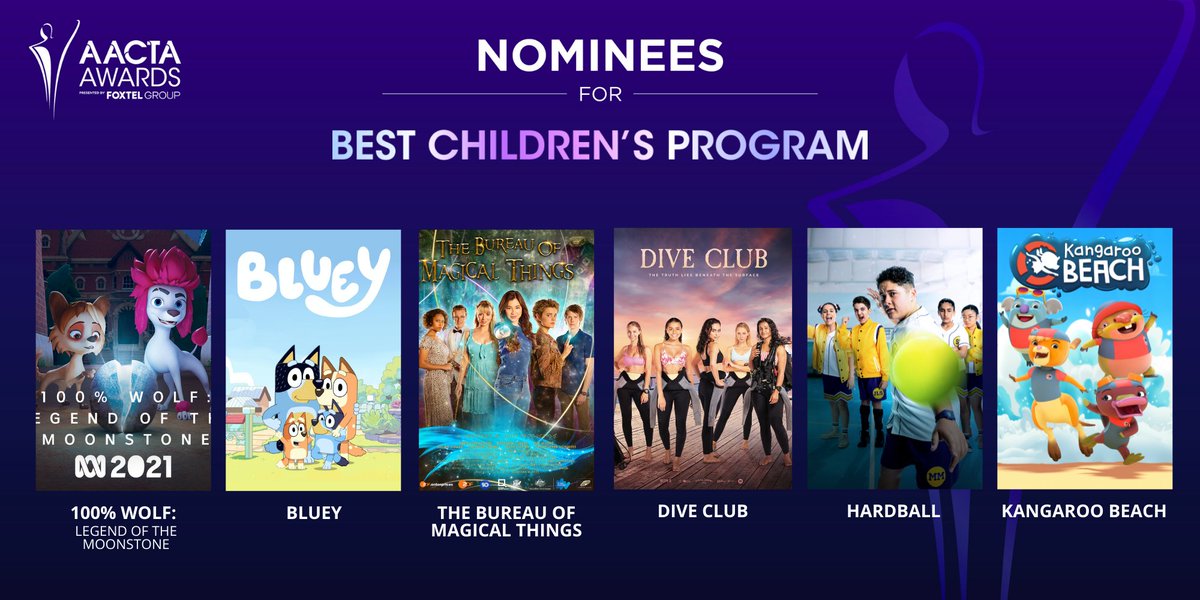 The nominees for Best Children's Program are 100% Wolf: #LegendoftheMoonstone, #Bluey, #TheBureauofMagicalThings, #DiveClub, #Hardball &amp; #KangarooBeach 👏 Head to the link in bio to learn more