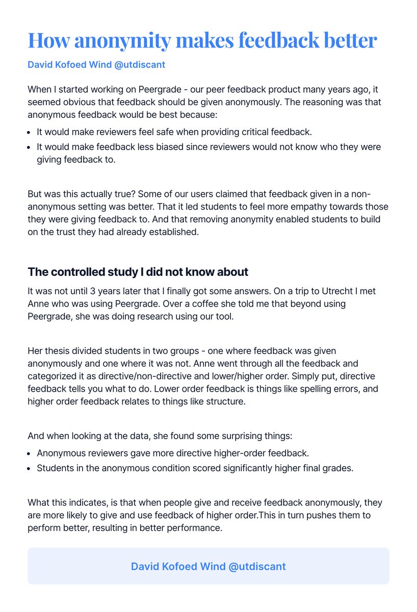 utdiscant's tweet photo. I like when people use our products - but I love when they do research on it.

Years ago I met a user, and to my surprise she was doing an interesting research project about anonymity of feedback using Peergrade.

She discovered that anonymity in feedback leads to better grades! https://t.co/EVR6KTrbfS