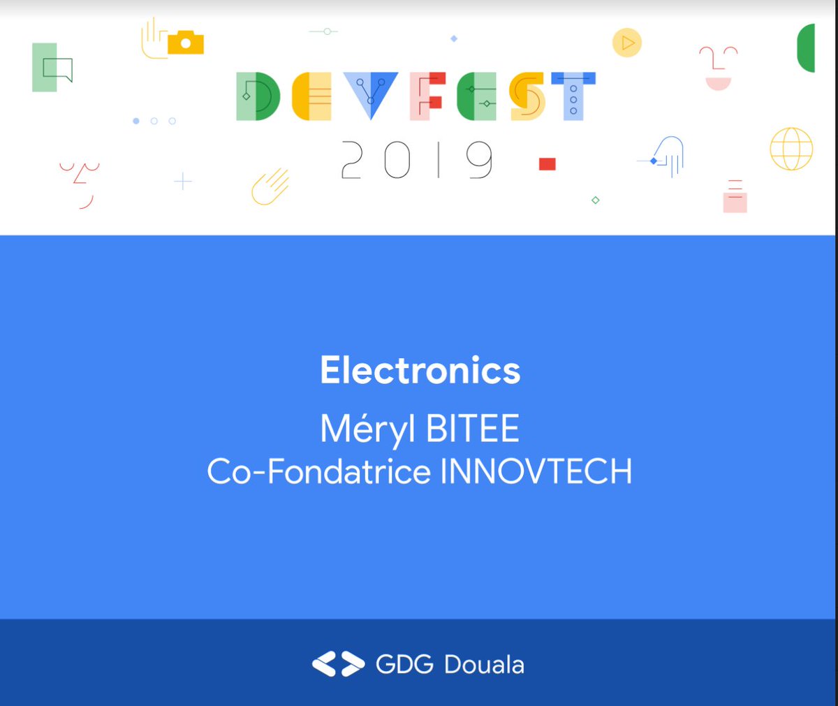 GDGDouala's tweet photo. #BackToDevFest2019. "A women in tech". @BiteeMeryl ne cesse de partager ses connaissances en technologie dans le cadre associatif. En 2019, il prenait le micro lors du DevFest pour parler d'Arduino et de bases en éléctronique. https://t.co/2bQnPgaRbM